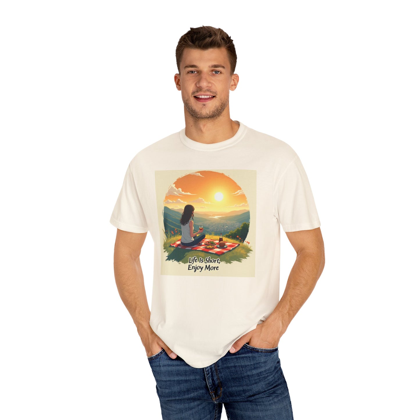 Sunset Meditation T-Shirt | Life is Short Enjoy More Tee, Unisex Cotton Shirt, Relaxation Apparel, Birthday Gift, Mindfulness Clothing