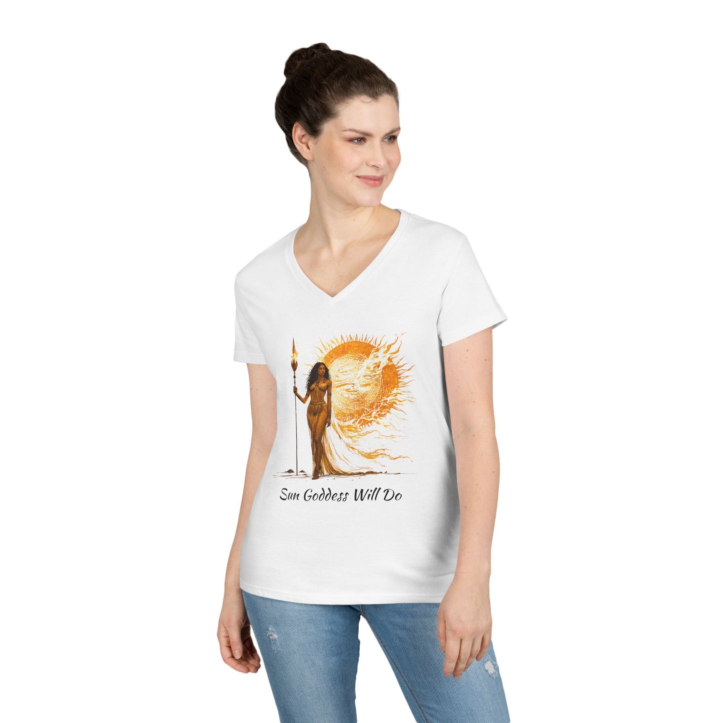 Ladies' V-Neck T-Shirt - Sun Goddess Will Do, Summer Vibes Tee, Boho Style Shirt, Spiritual Gift