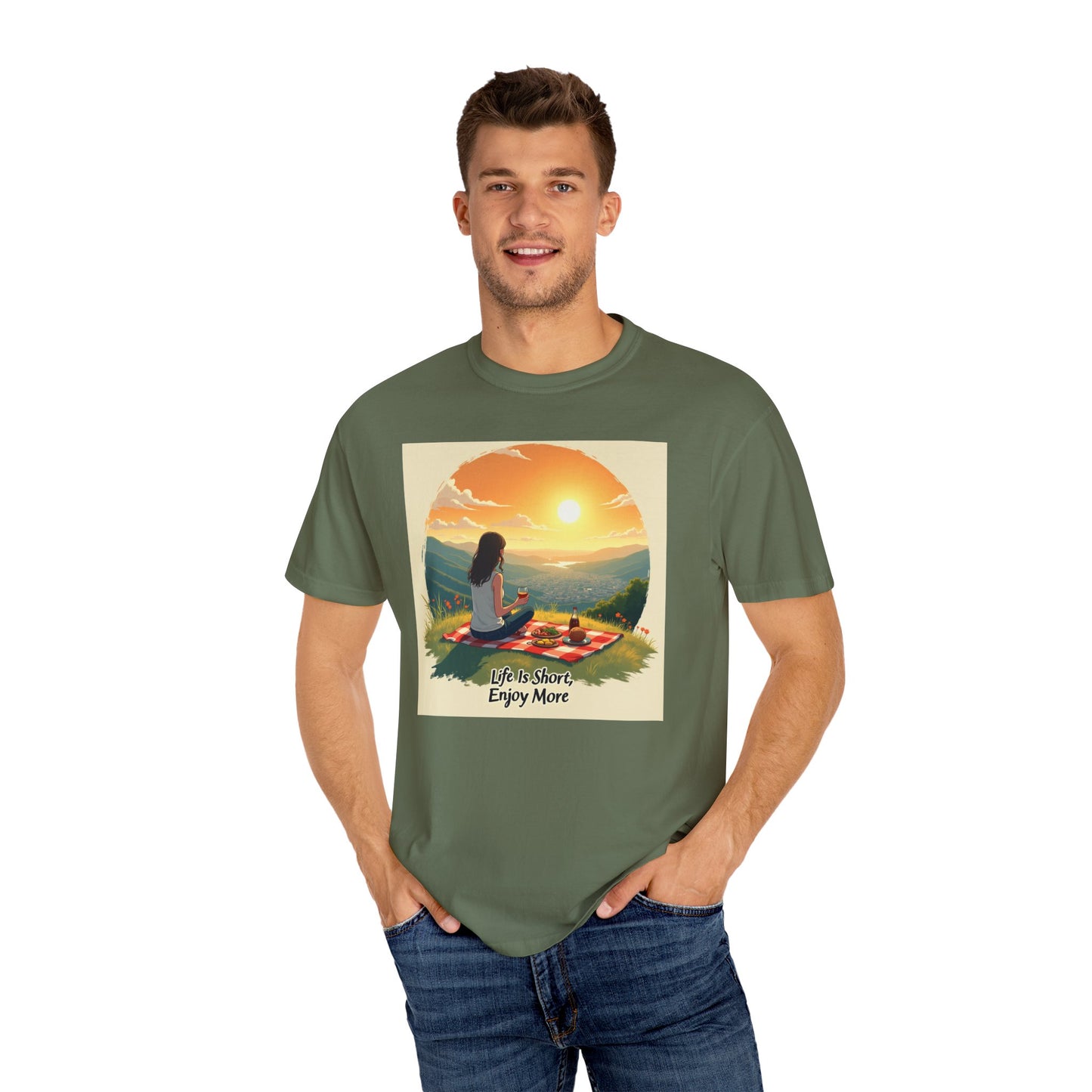 Sunset Meditation T-Shirt | Life is Short Enjoy More Tee, Unisex Cotton Shirt, Relaxation Apparel, Birthday Gift, Mindfulness Clothing