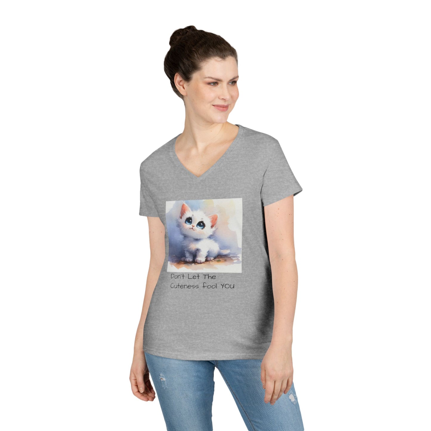 Cute Cat V-Neck T-Shirt, Funny Pet Lover Tee, Gift for Cat Moms, Animal Lover Apparel, Humor for Birthdays, Everyday Wear
