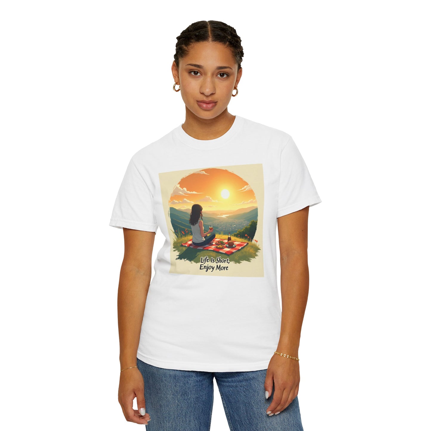Sunset Meditation T-Shirt | Life is Short Enjoy More Tee, Unisex Cotton Shirt, Relaxation Apparel, Birthday Gift, Mindfulness Clothing