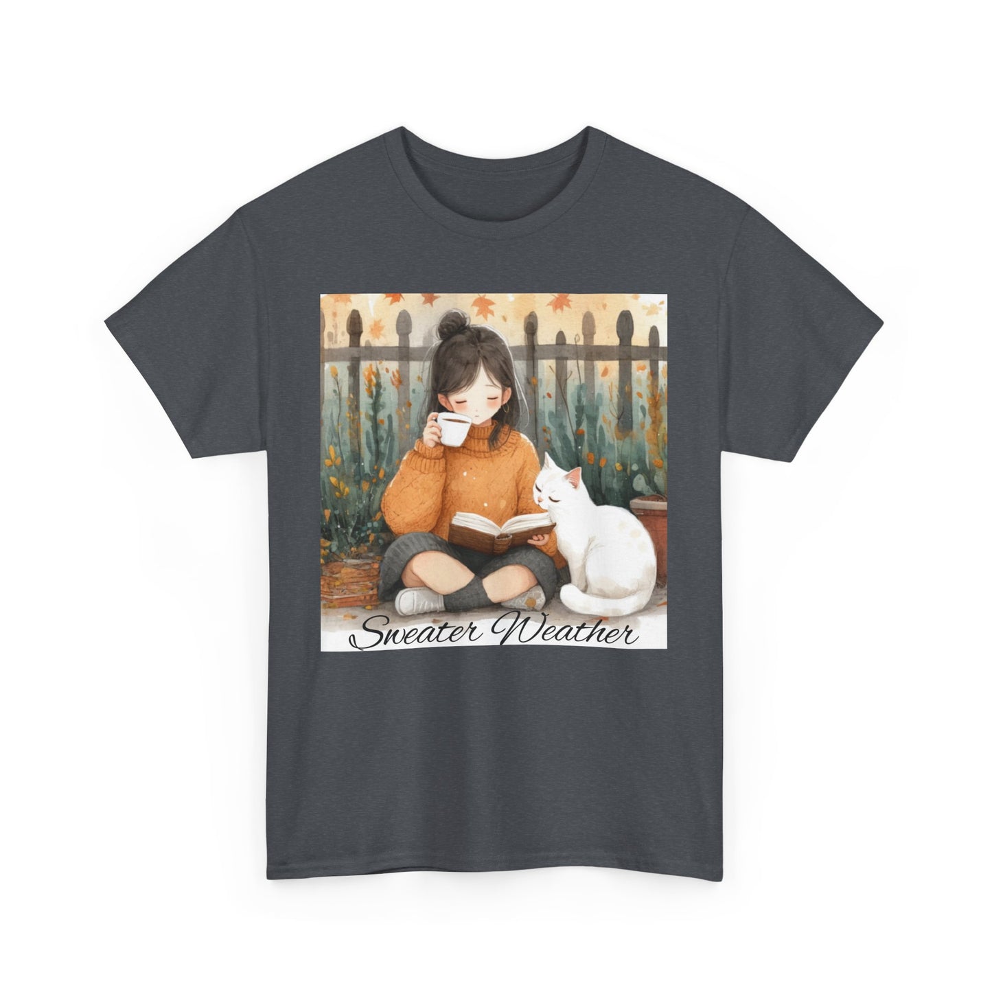 Cozy Reading Tee, Sweater Weather T-Shirt, Unisex Cotton Tee, Fall Fashion Shirt, Cat Lover Gift, Autumn Vibe Top