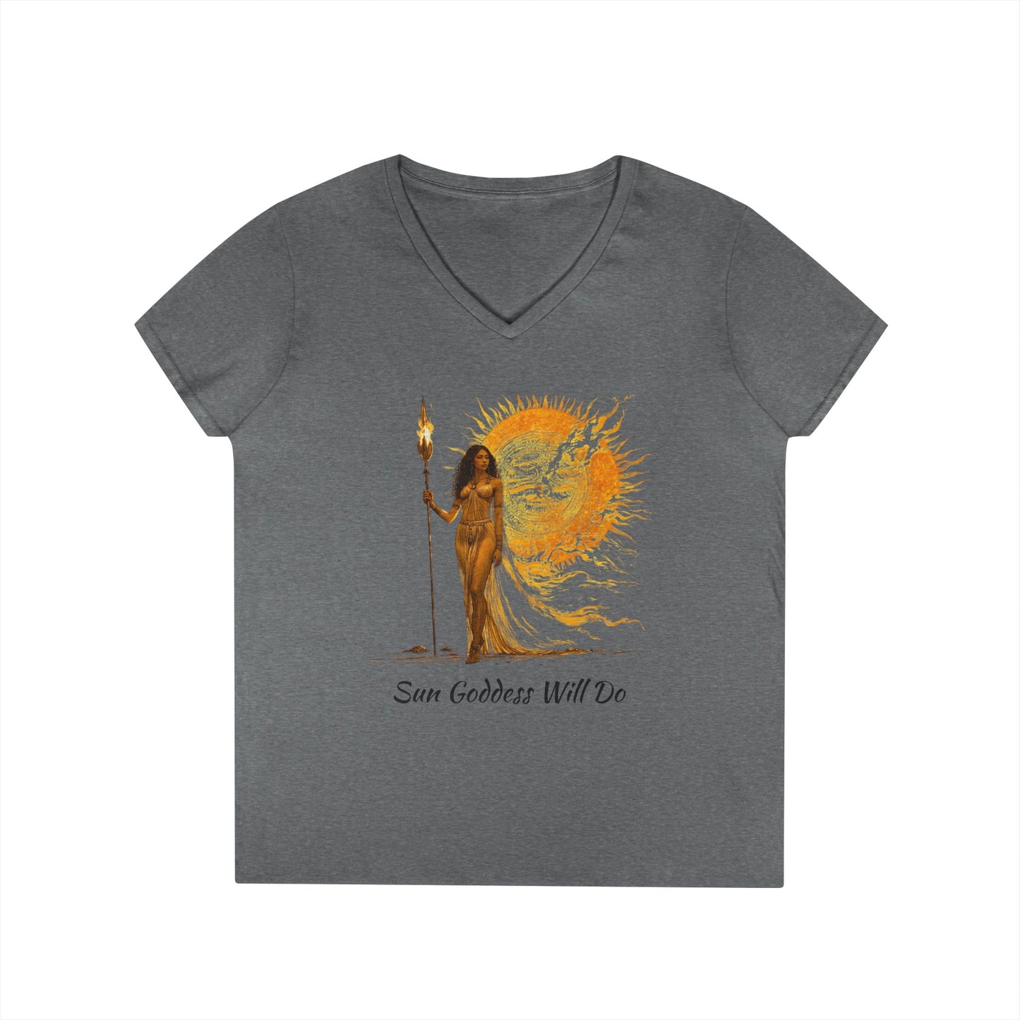Ladies' V-Neck T-Shirt - Sun Goddess Will Do, Summer Vibes Tee, Boho Style Shirt, Spiritual Gift