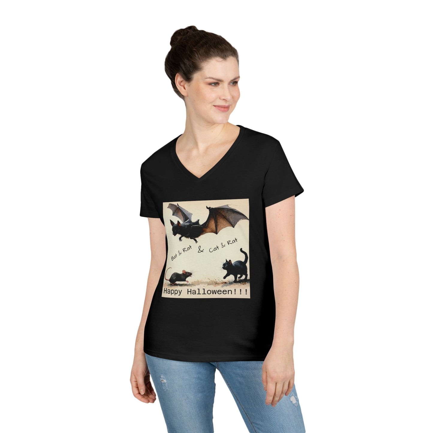 Halloween Cat & Bat V-Neck Tee, Women's Halloween Shirt, Spooky Graphic Tee, Cute Halloween Outfit, Fall Fashion Top