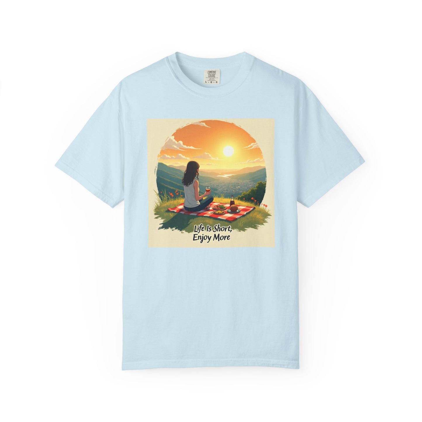 Sunset Meditation T-Shirt | Life is Short Enjoy More Tee, Unisex Cotton Shirt, Relaxation Apparel, Birthday Gift, Mindfulness Clothing