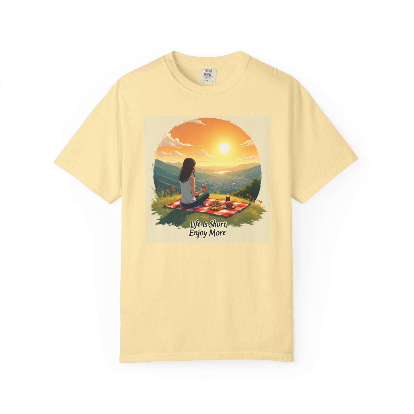 Sunset Meditation T-Shirt | Life is Short Enjoy More Tee, Unisex Cotton Shirt, Relaxation Apparel, Birthday Gift, Mindfulness Clothing