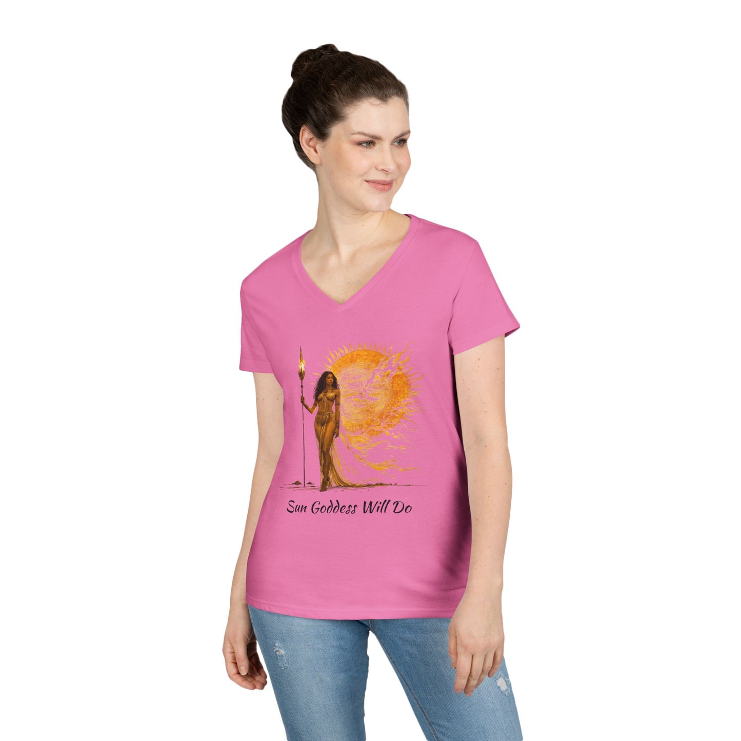 Ladies' V-Neck T-Shirt - Sun Goddess Will Do, Summer Vibes Tee, Boho Style Shirt, Spiritual Gift