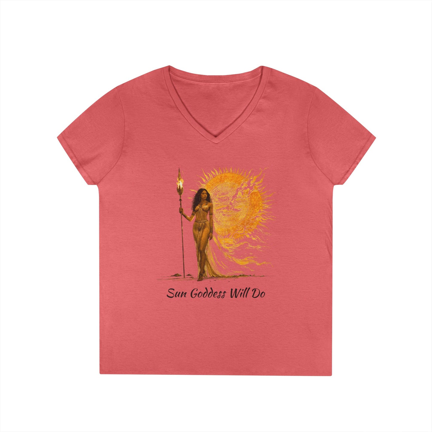 Ladies' V-Neck T-Shirt - Sun Goddess Will Do, Summer Vibes Tee, Boho Style Shirt, Spiritual Gift, Festival Outfit