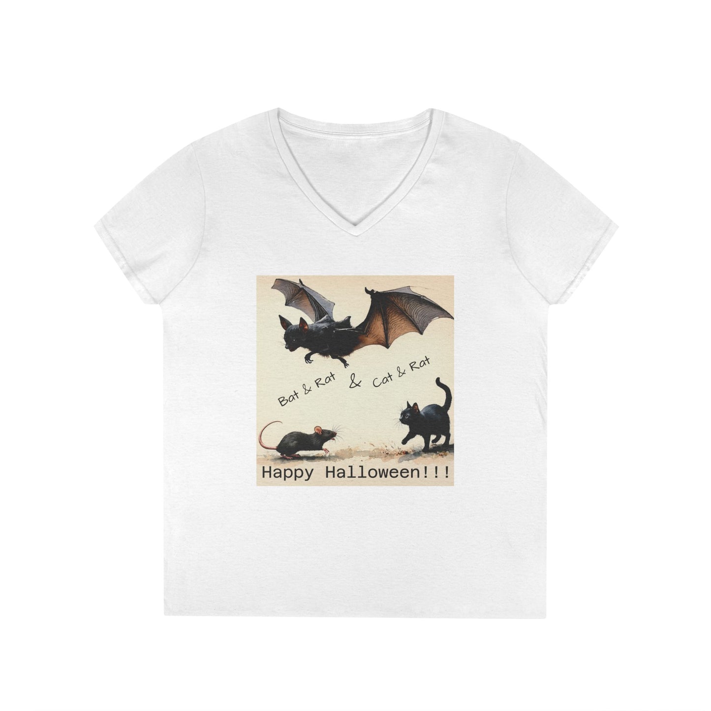 Novelty Tee Halloween Cat & Bat V-Neck Tee, Women's Halloween Shirt, Spooky Graphic Tee, Cute Halloween Outfit