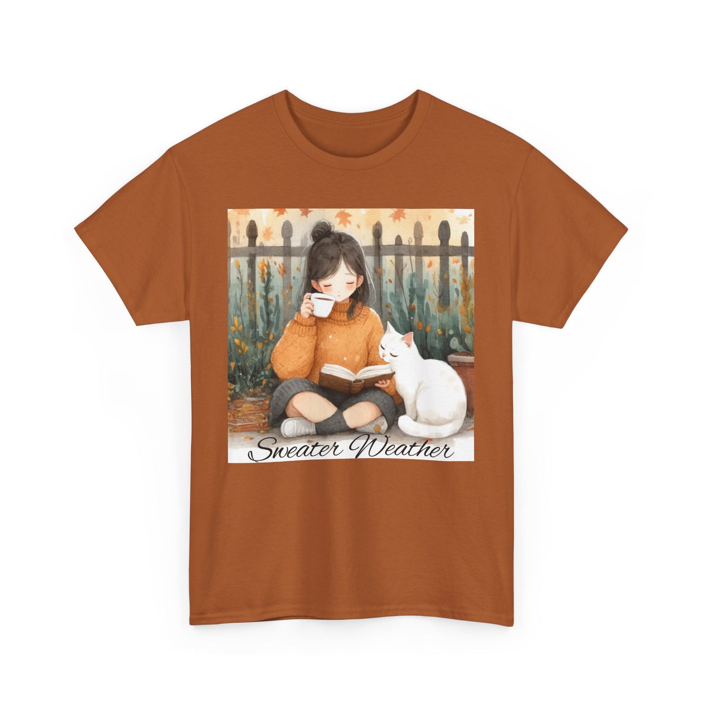 Cozy Reading Tee, Sweater Weather T-Shirt, Unisex Cotton Tee, Fall Fashion Shirt, Cat Lover Gift, Autumn Vibe Top