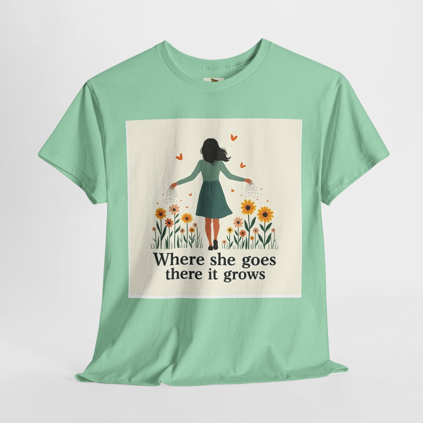 Floral Inspirational Tee: Where She Goes, Unisex Heavy Cotton Tee, Casual Wear, Gift for Her, Spring Fashion, Everyday Comfort