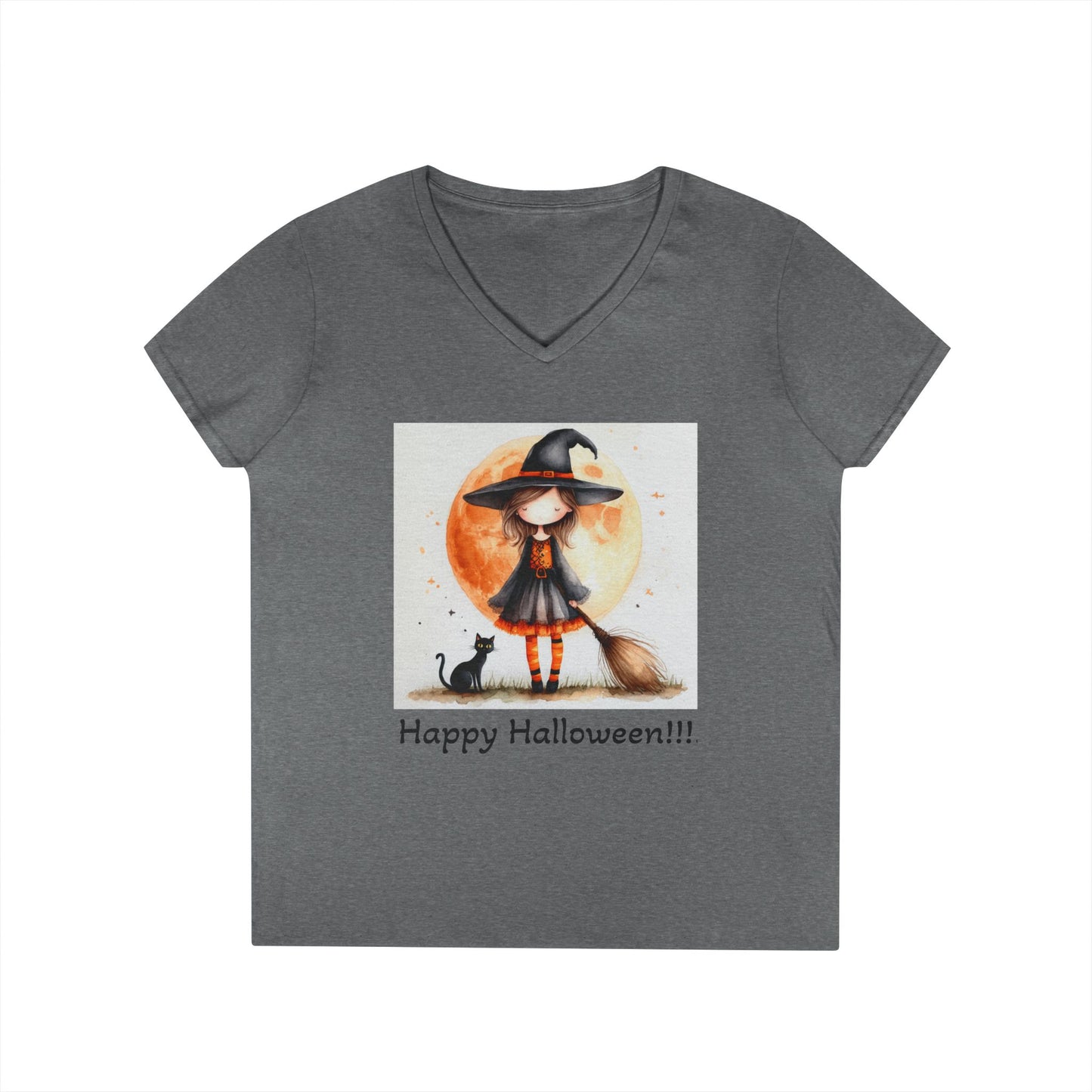 Happy Halloween Ladies' V-Neck T-Shirt | Cute Witch Graphic Tee, Halloween Costume Top, Spooky Season Apparel, Gift for Her, Fall Fashion