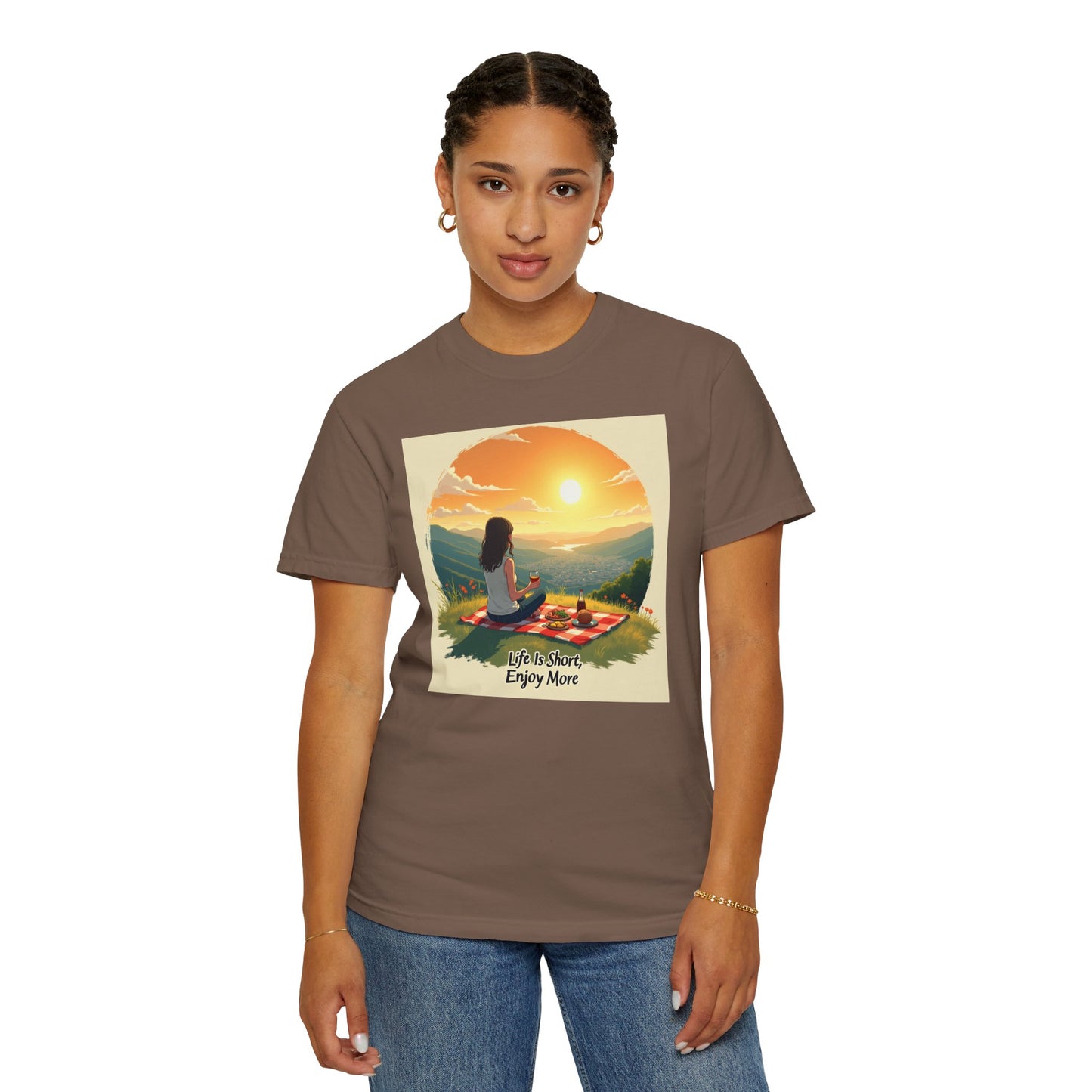 Sunset Meditation T-Shirt | Life is Short Enjoy More Tee, Unisex Cotton Shirt, Relaxation Apparel, Birthday Gift, Mindfulness Clothing