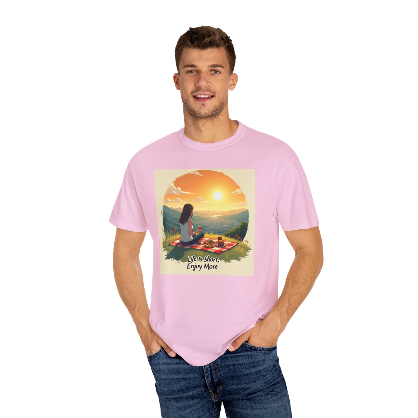 Sunset Meditation T-Shirt | Life is Short Enjoy More Tee, Unisex Cotton Shirt, Relaxation Apparel, Birthday Gift, Mindfulness Clothing