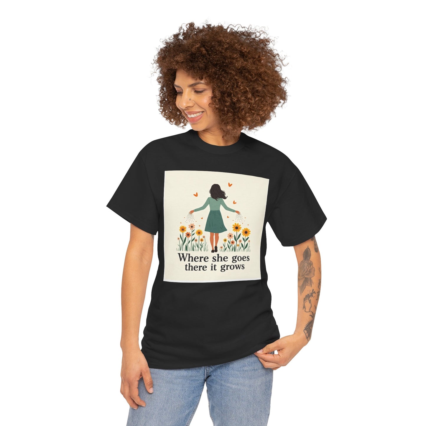 Floral Inspirational Tee: Where She Goes, Unisex Heavy Cotton Tee, Casual Wear, Gift for Her, Spring Fashion, Everyday Comfort
