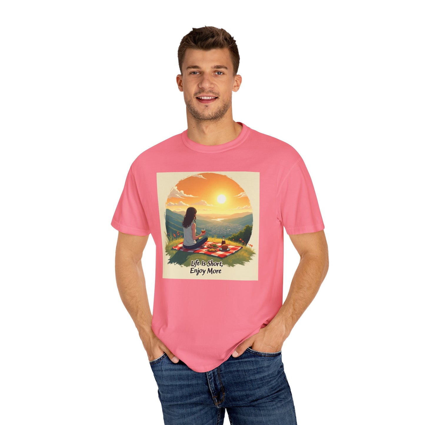 Sunset Meditation T-Shirt | Life is Short Enjoy More Tee, Unisex Cotton Shirt, Relaxation Apparel, Birthday Gift, Mindfulness Clothing