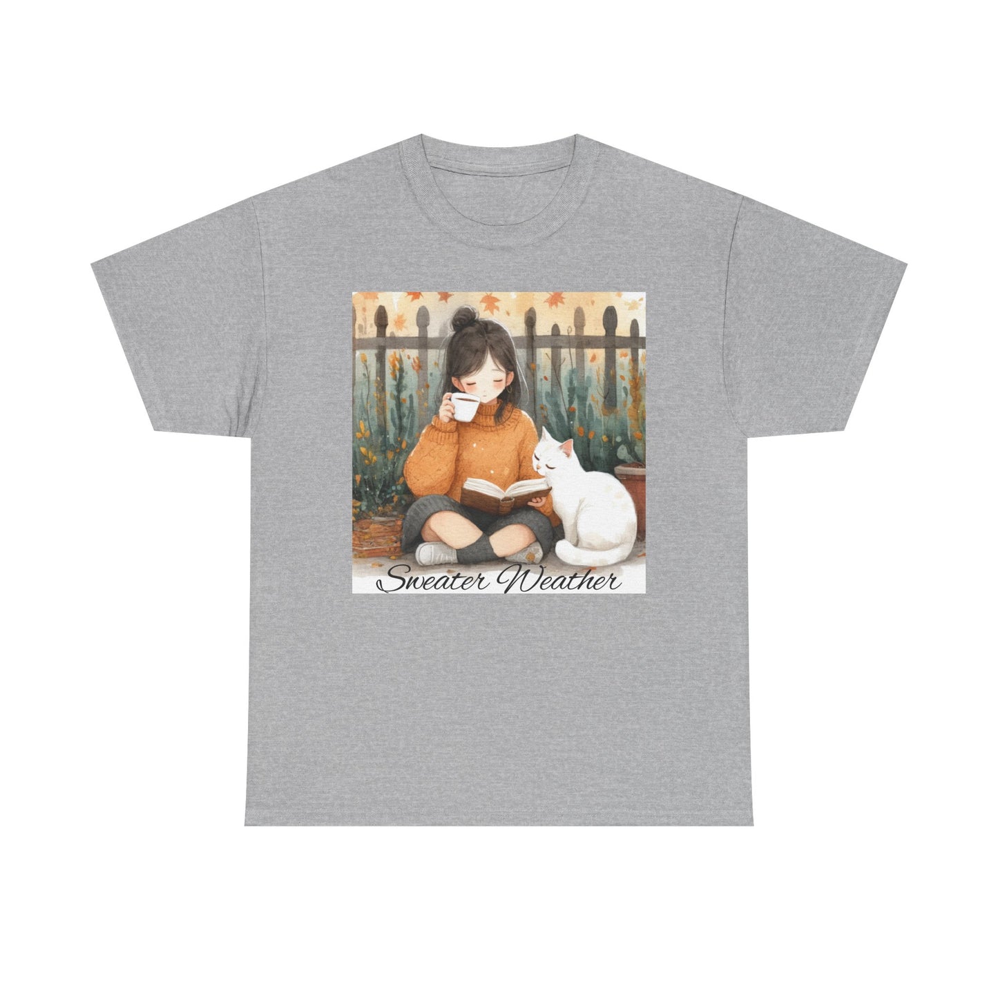 Cozy Reading Tee, Sweater Weather T-Shirt, Unisex Cotton Tee, Fall Fashion Shirt, Cat Lover Gift, Autumn Vibe Top