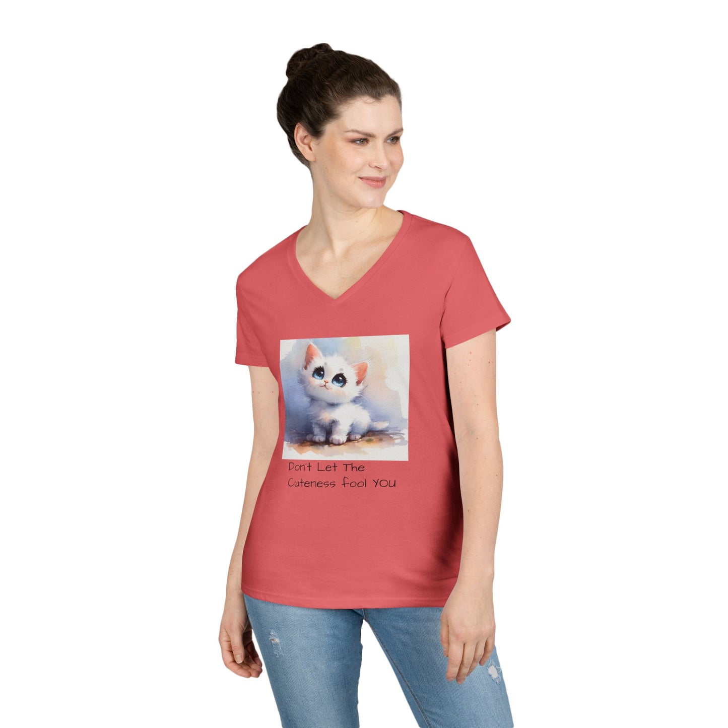 Cute Cat V-Neck T-Shirt, Funny Pet Lover Tee, Gift for Cat Moms, Animal Lover Apparel, Humor for Birthdays, Everyday Wear