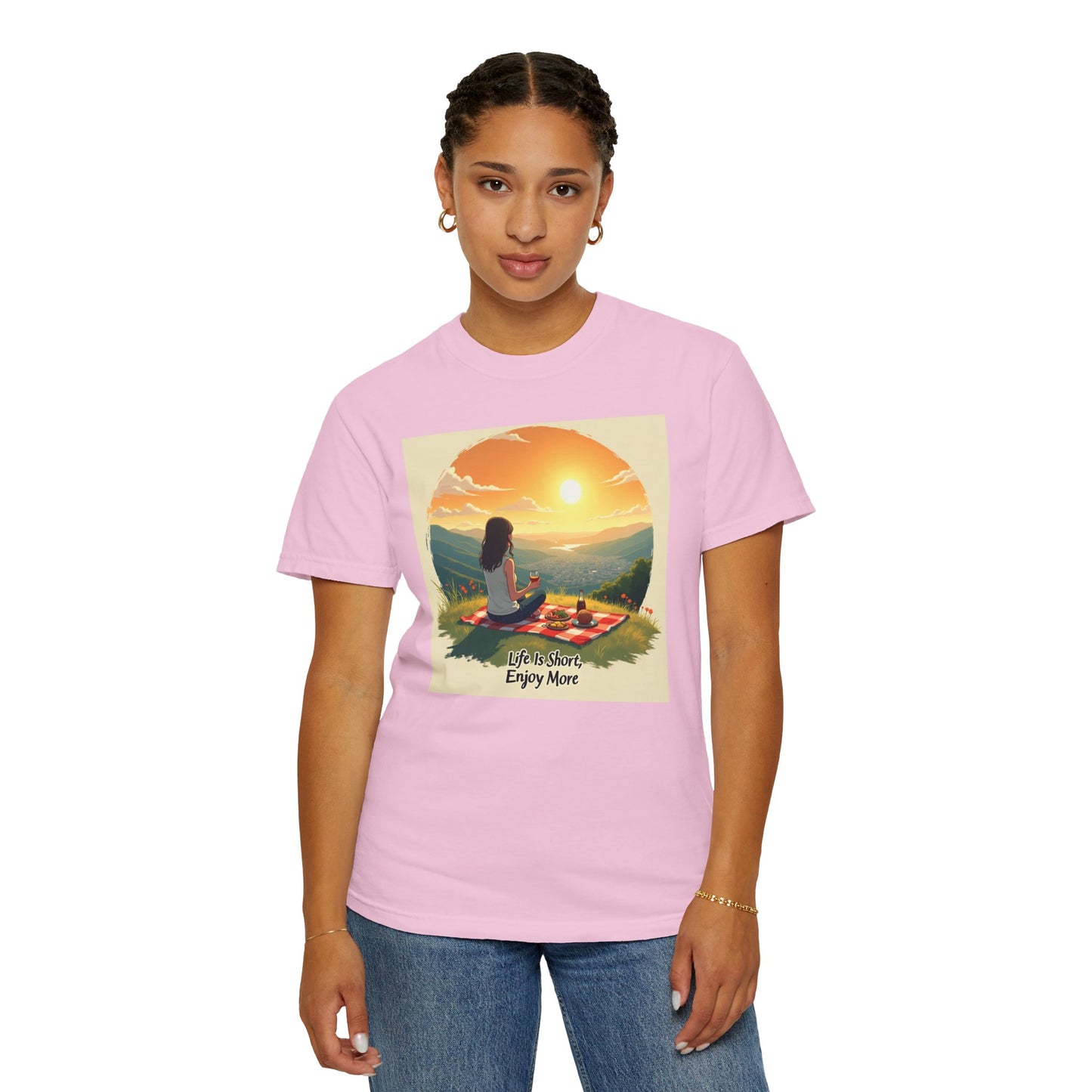 Sunset Meditation T-Shirt | Life is Short Enjoy More Tee, Unisex Cotton Shirt, Relaxation Apparel, Birthday Gift, Mindfulness Clothing