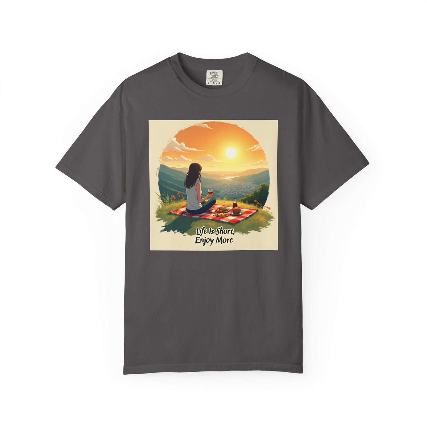 Sunset Meditation T-Shirt | Life is Short Enjoy More Tee, Unisex Cotton Shirt, Relaxation Apparel, Birthday Gift, Mindfulness Clothing