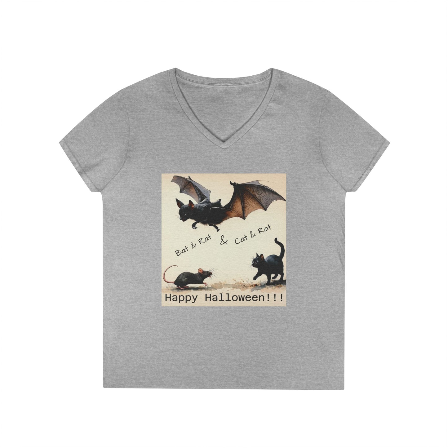 Novelty Tee Halloween Cat & Bat V-Neck Tee, Women's Halloween Shirt, Spooky Graphic Tee, Cute Halloween Outfit