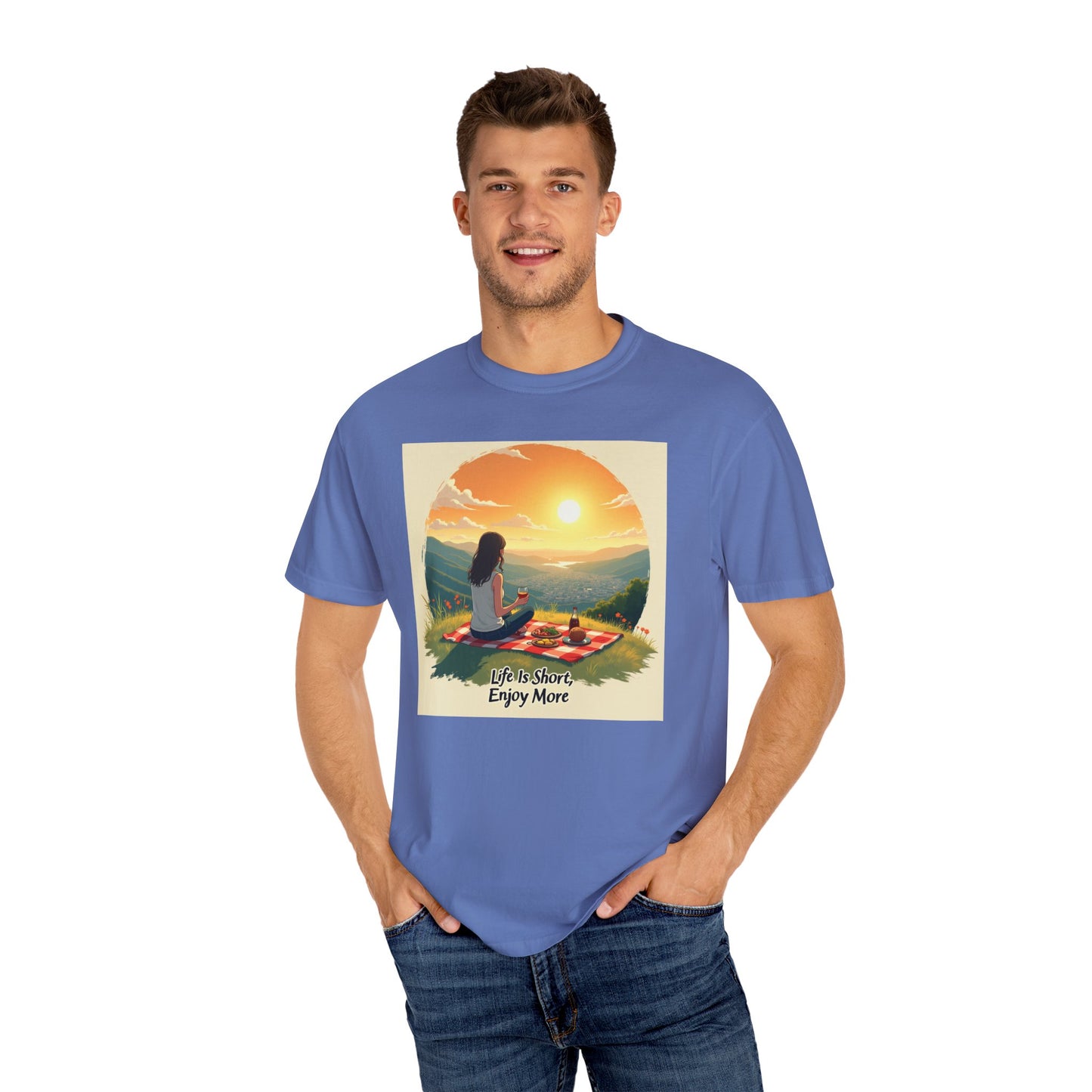 Sunset Meditation T-Shirt | Life is Short Enjoy More Tee, Unisex Cotton Shirt, Relaxation Apparel, Birthday Gift, Mindfulness Clothing