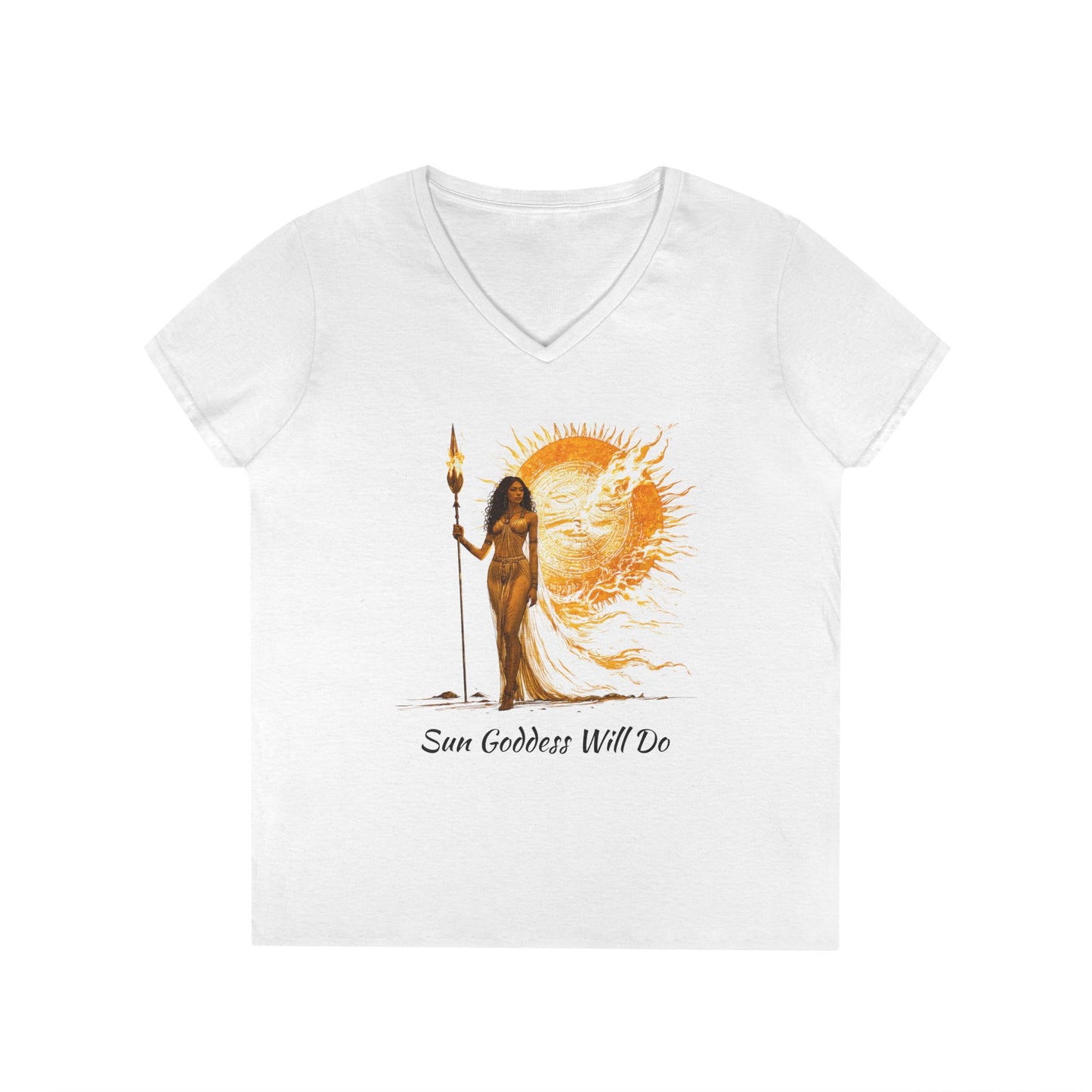 Ladies' V-Neck T-Shirt - Sun Goddess Will Do, Summer Vibes Tee, Boho Style Shirt, Spiritual Gift, Festival Outfit