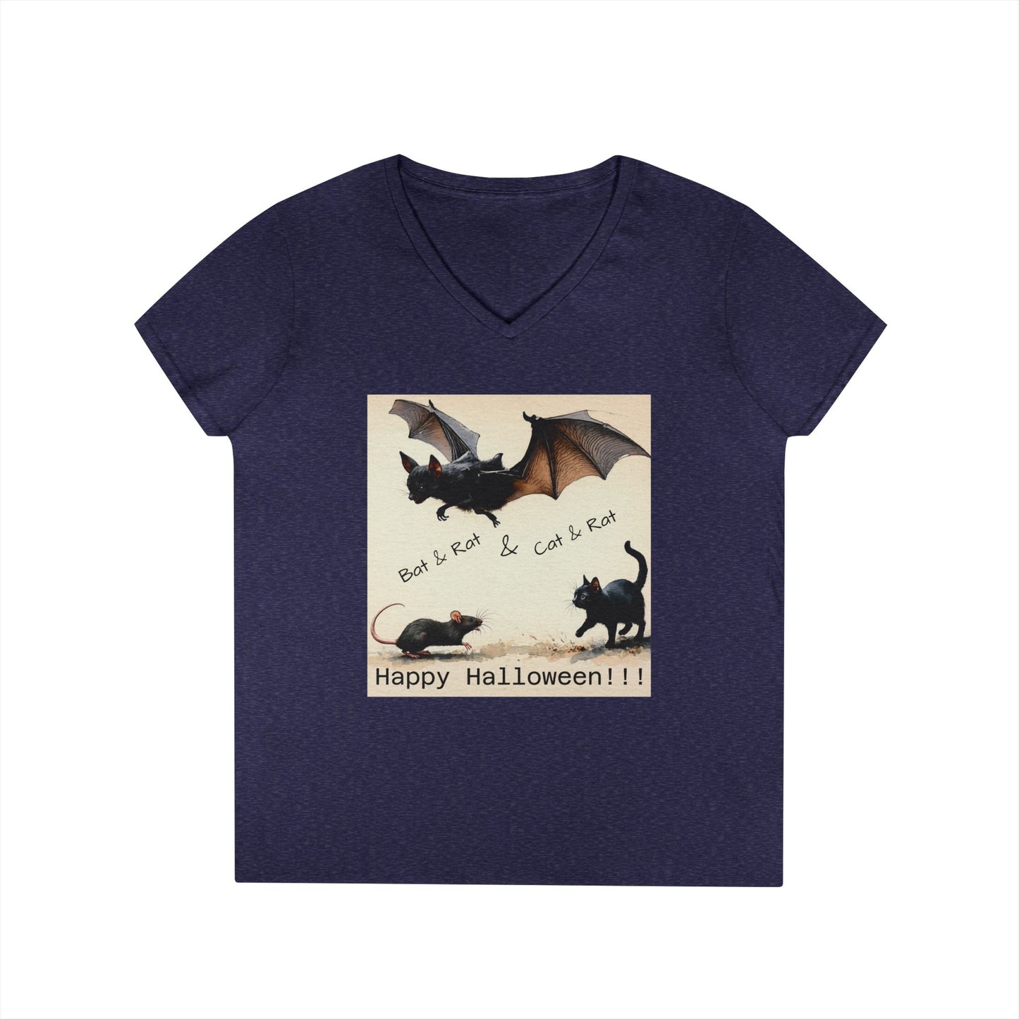 Novelty Tee Halloween Cat & Bat V-Neck Tee, Women's Halloween Shirt, Spooky Graphic Tee, Cute Halloween Outfit