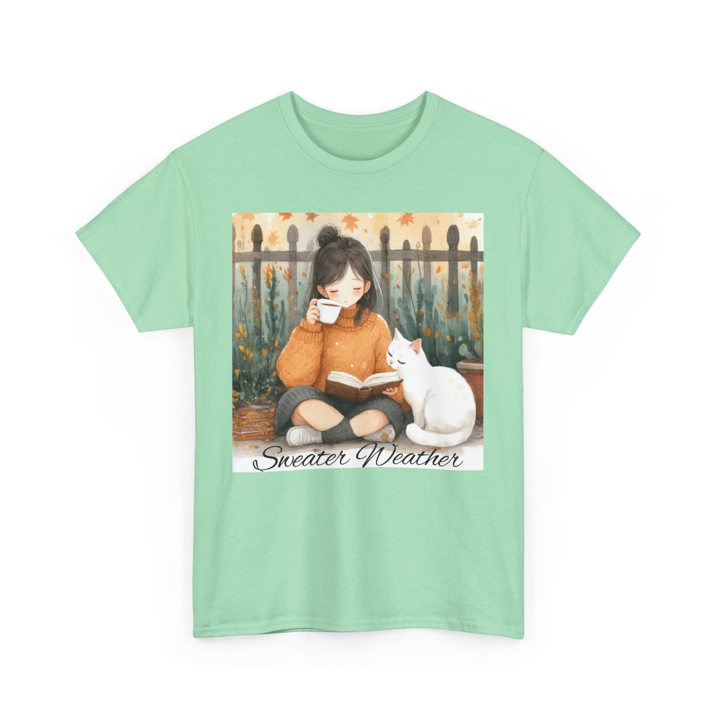 Cozy Reading Tee, Sweater Weather T-Shirt, Unisex Cotton Tee, Fall Fashion Shirt, Cat Lover Gift, Autumn Vibe Top