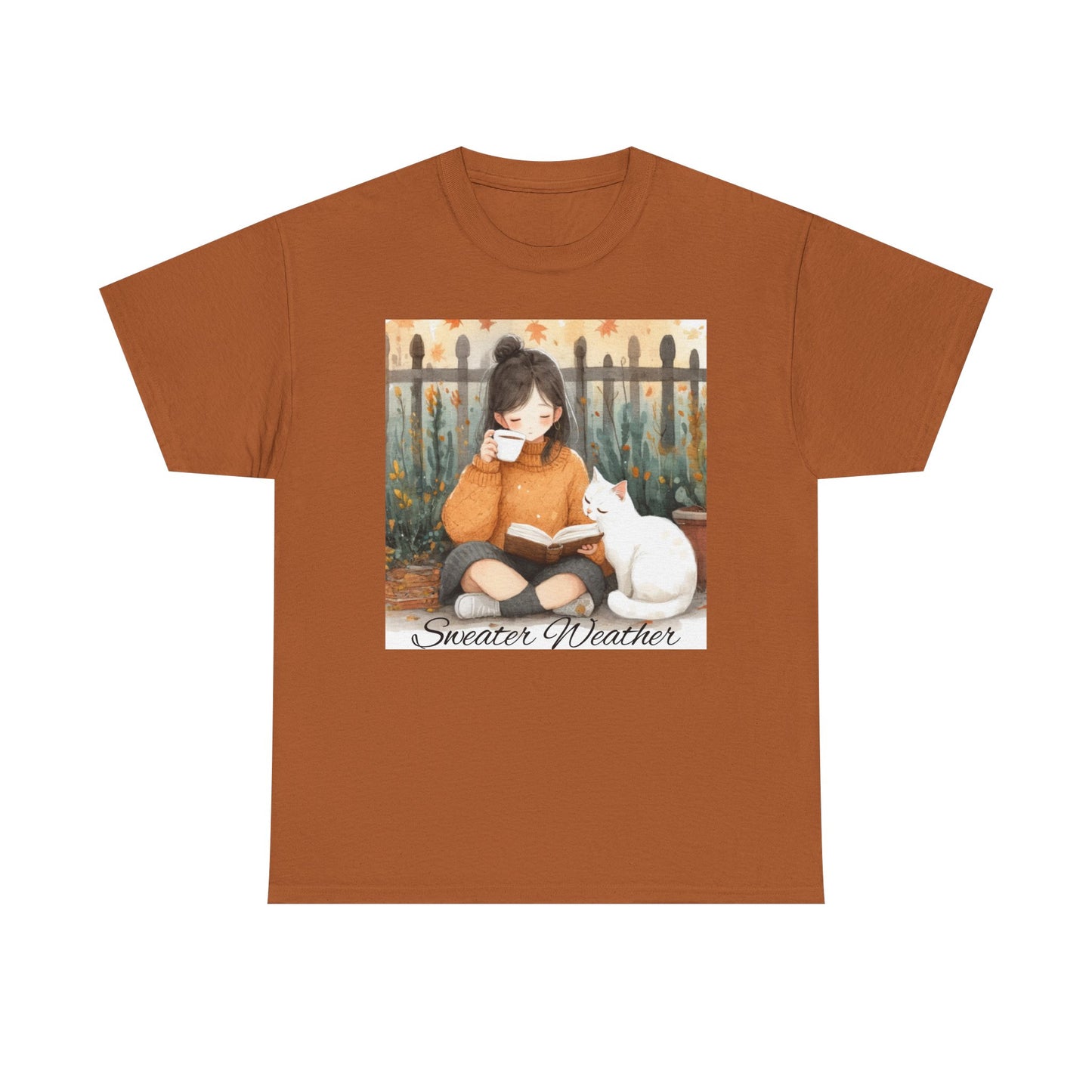 Cozy Reading Tee, Sweater Weather T-Shirt, Unisex Cotton Tee, Fall Fashion Shirt, Cat Lover Gift, Autumn Vibe Top
