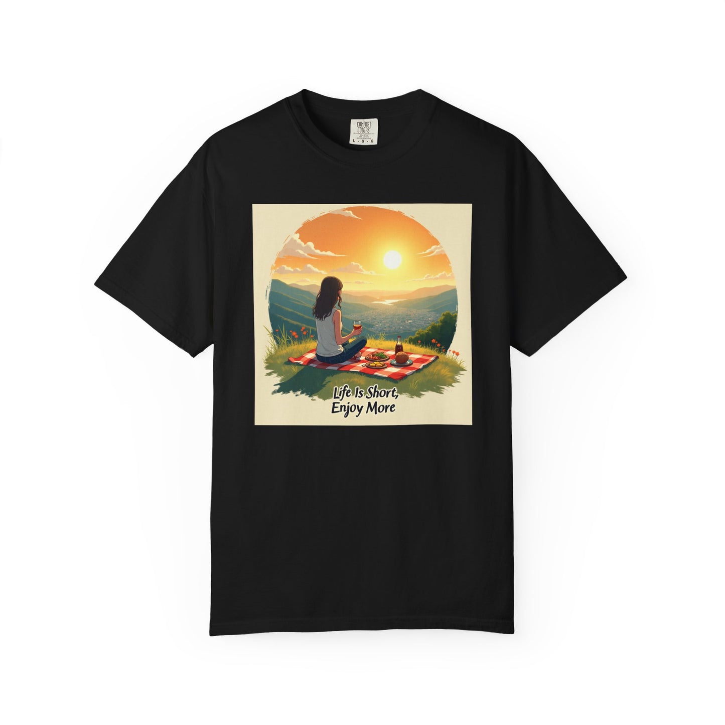 Sunset Meditation T-Shirt | Life is Short Enjoy More Tee, Unisex Cotton Shirt, Relaxation Apparel, Birthday Gift, Mindfulness Clothing