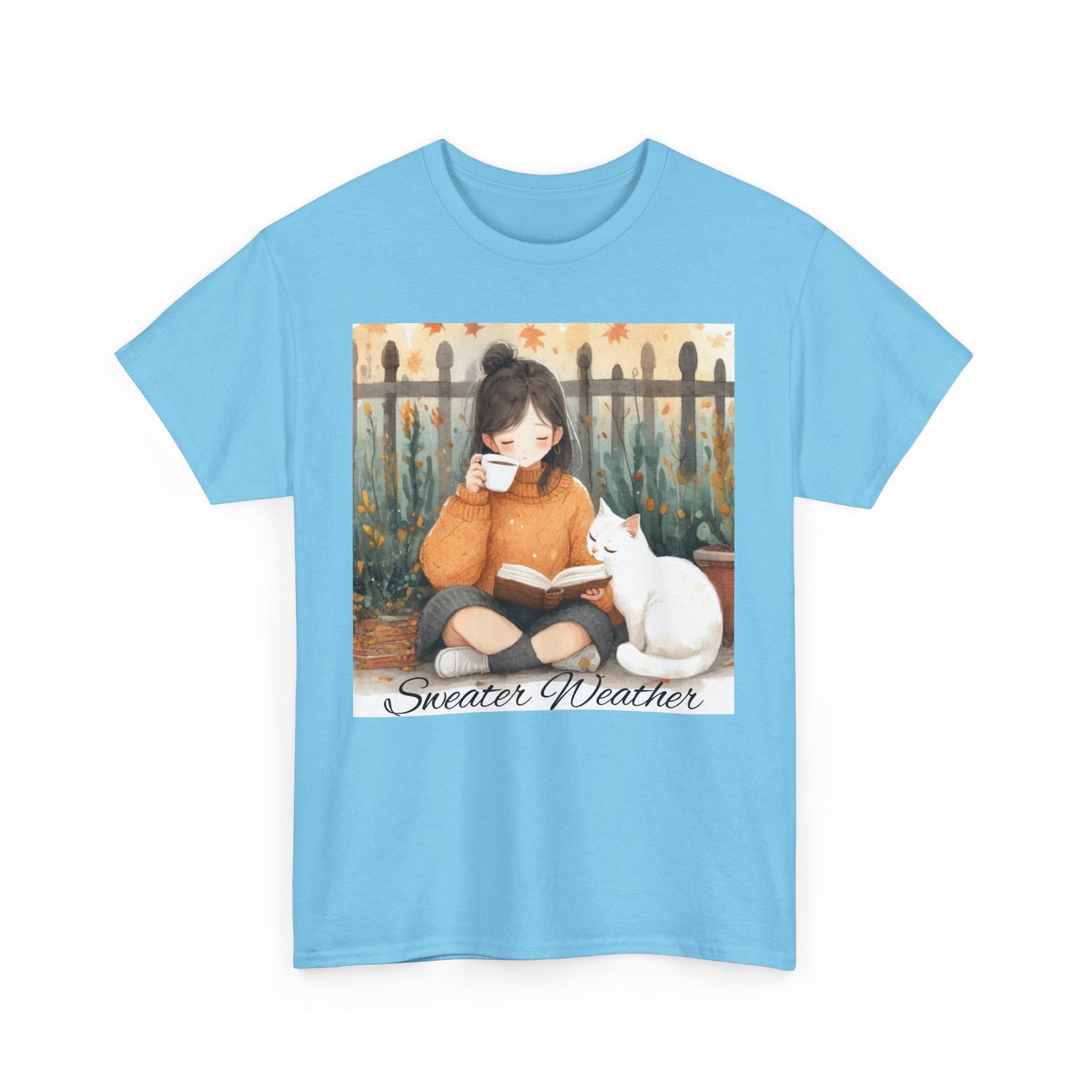 Cozy Reading Tee, Sweater Weather T-Shirt, Unisex Cotton Tee, Fall Fashion Shirt, Cat Lover Gift, Autumn Vibe Top