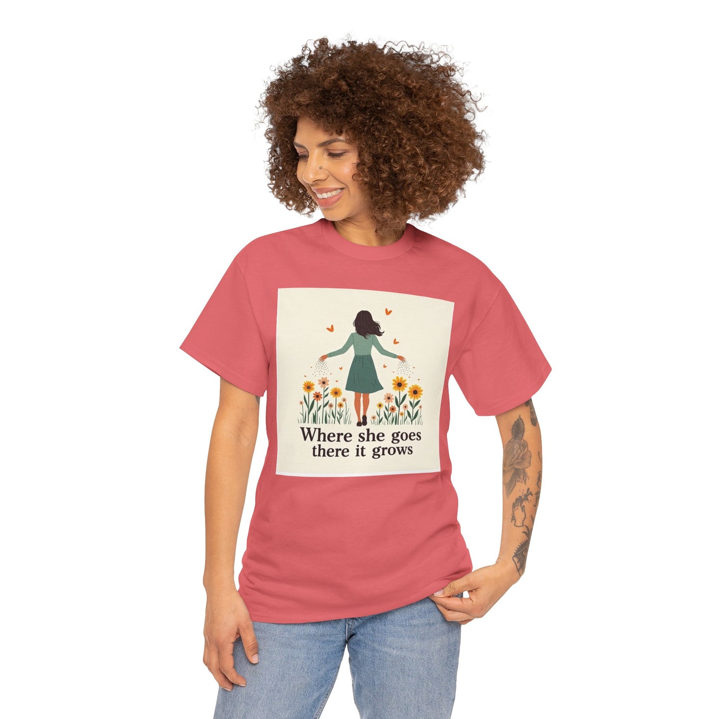 Floral Inspirational Tee: Where She Goes, Unisex Heavy Cotton Tee, Casual Wear, Gift for Her, Spring Fashion, Everyday Comfort
