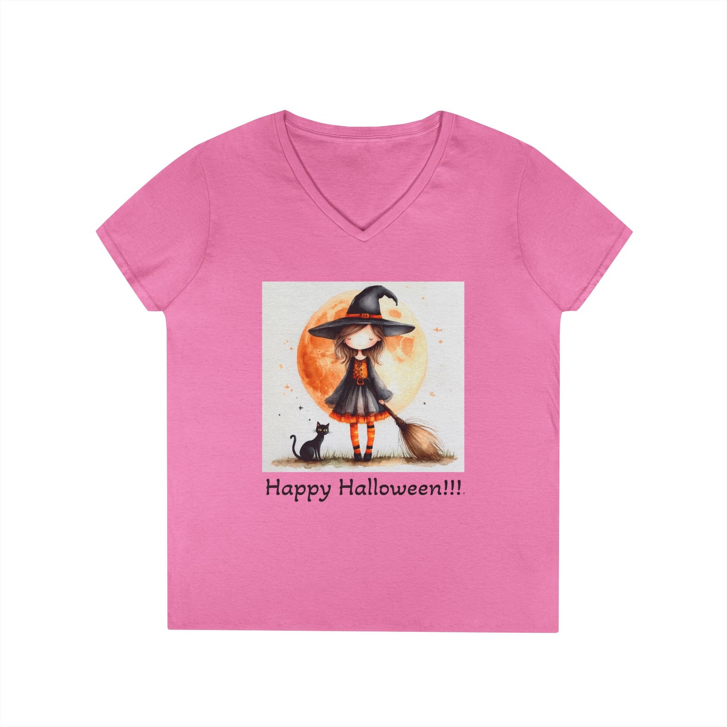 Happy Halloween Ladies' V-Neck T-Shirt | Cute Witch Graphic Tee, Halloween Costume Top, Spooky Season Apparel, Gift for Her, Fall Fashion