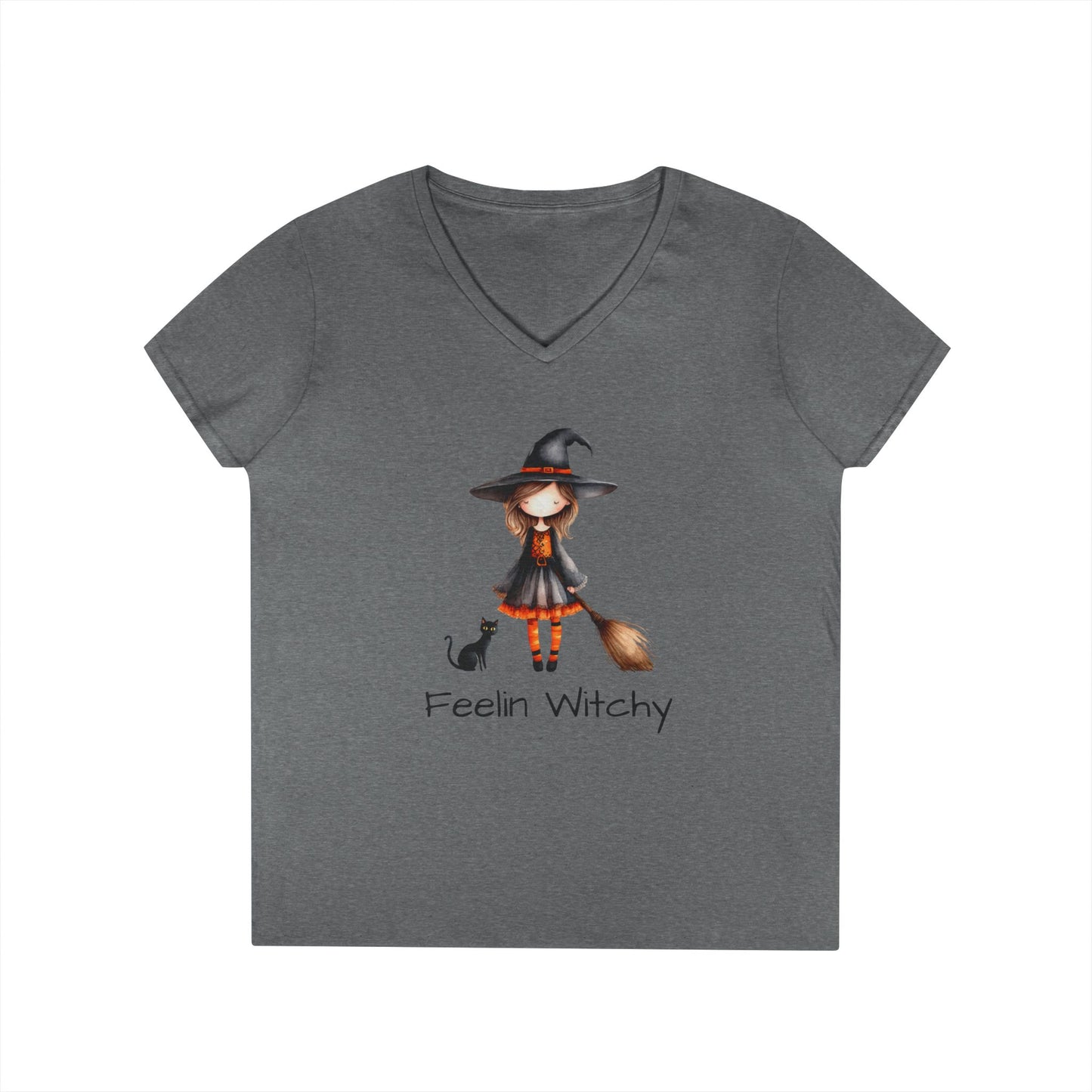 Feelin Witchy Ladies' V-Neck T-Shirt, Cute Halloween Top, Witchy Apparel, Fall Fashion, Casual Tees, Spooky Season Style