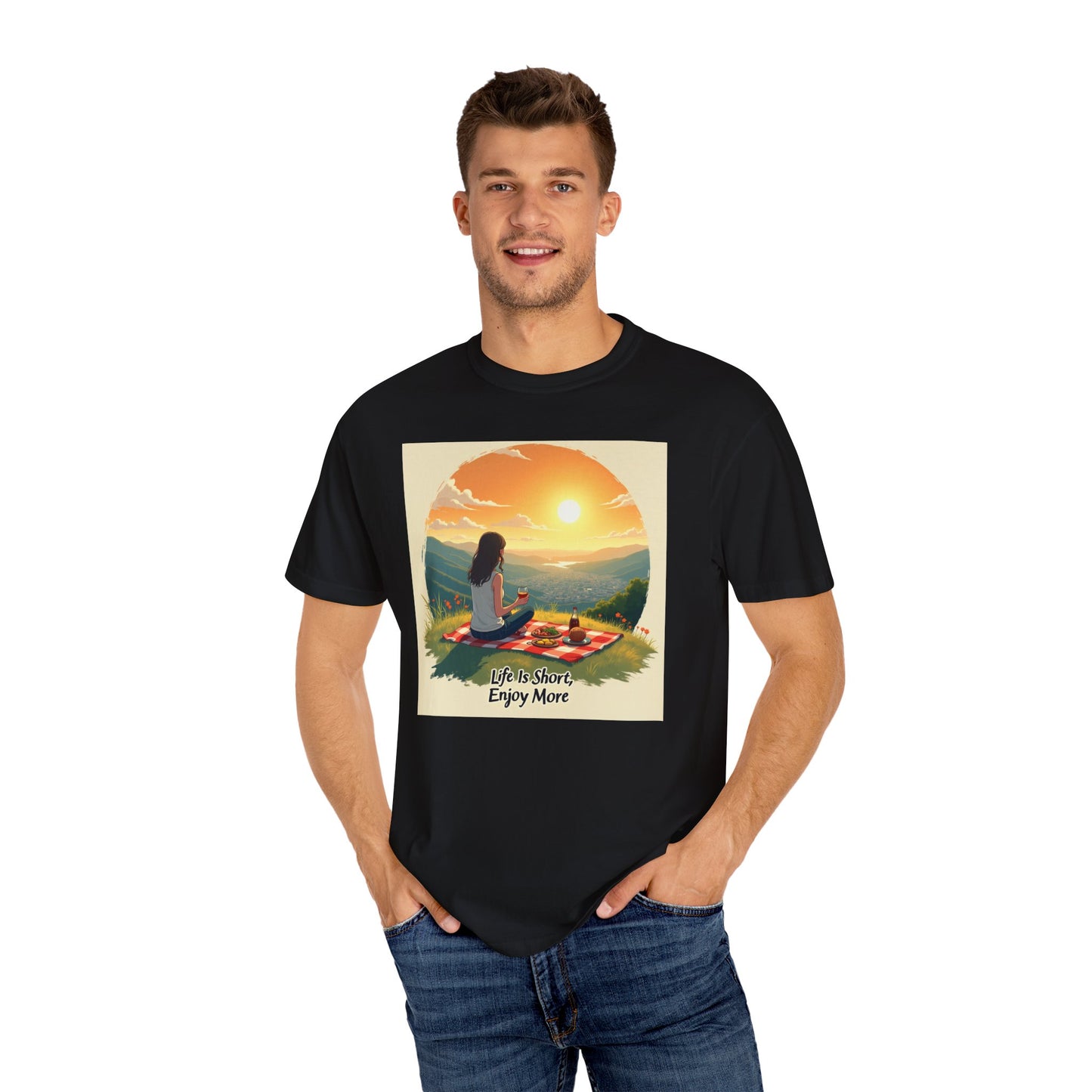 Sunset Meditation T-Shirt | Life is Short Enjoy More Tee, Unisex Cotton Shirt, Relaxation Apparel, Birthday Gift, Mindfulness Clothing