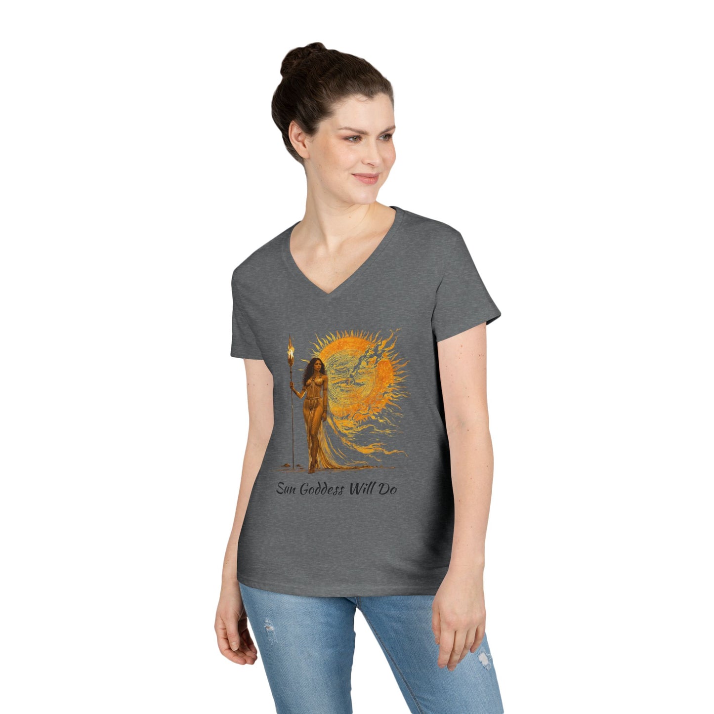 Ladies' V-Neck T-Shirt - Sun Goddess Will Do, Summer Vibes Tee, Boho Style Shirt, Spiritual Gift, Festival Outfit