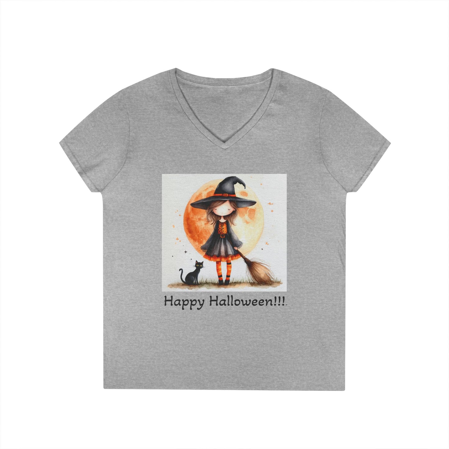 Happy Halloween Ladies' V-Neck T-Shirt | Cute Witch Graphic Tee, Halloween Costume Top, Spooky Season Apparel, Gift for Her, Fall Fashion