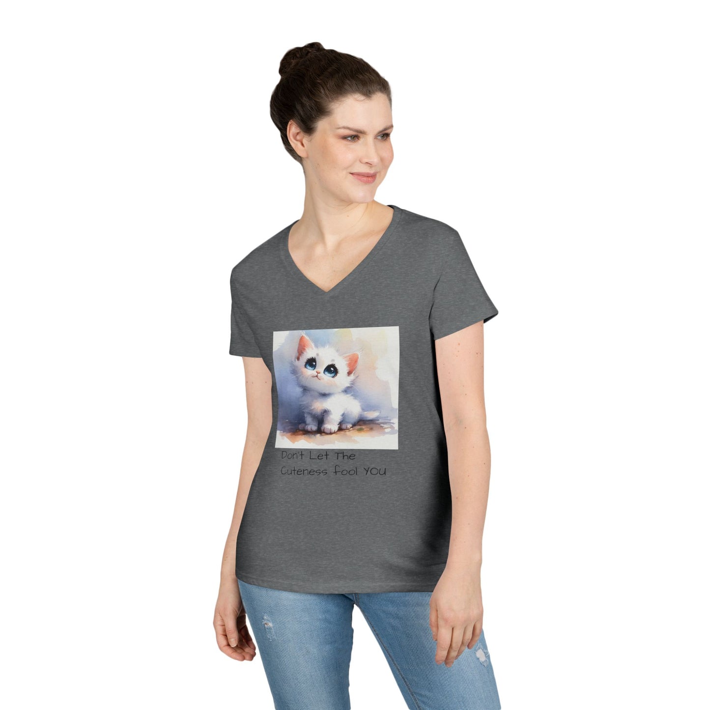 Cute Cat V-Neck T-Shirt, Funny Pet Lover Tee, Gift for Cat Moms, Animal Lover Apparel, Humor for Birthdays, Everyday Wear