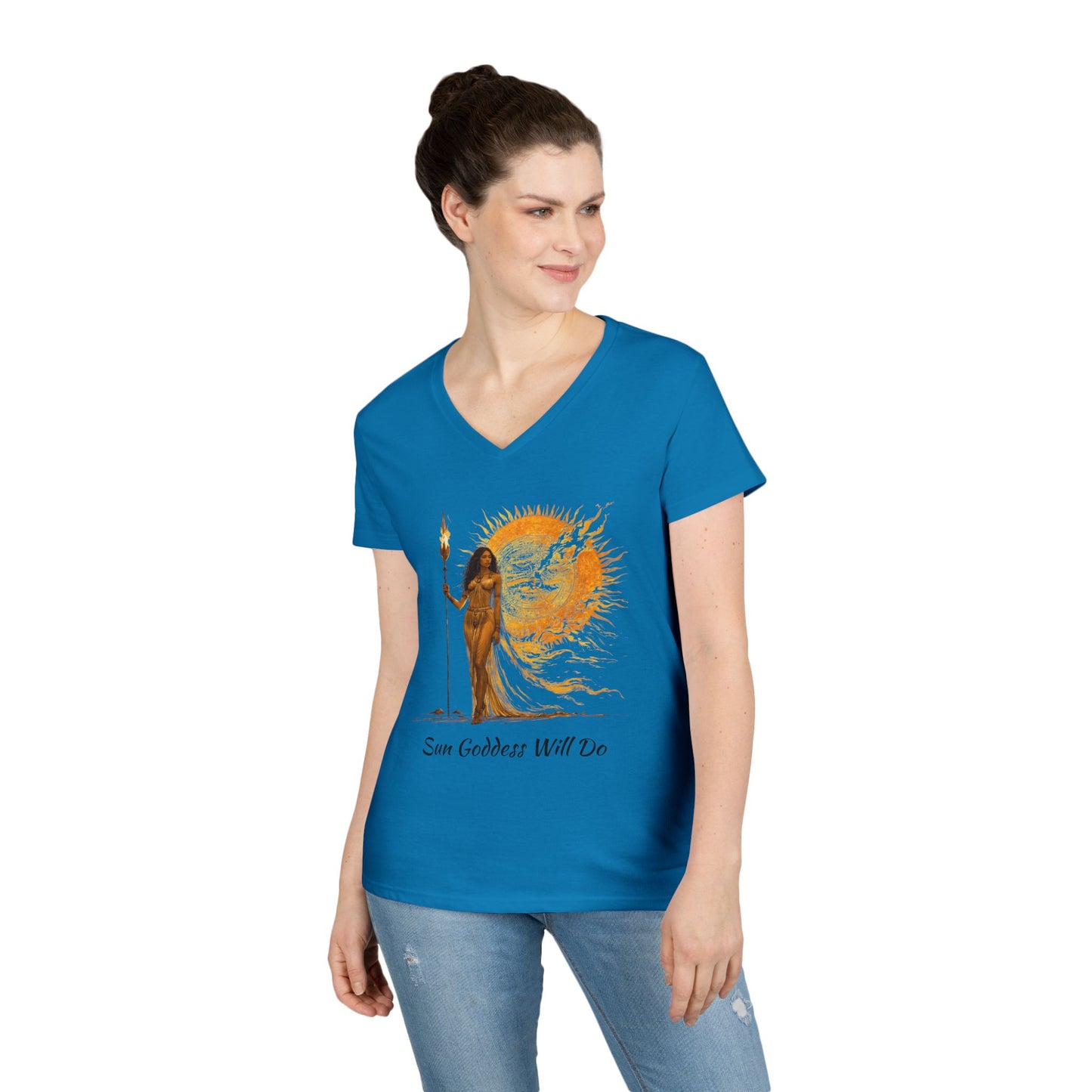 Ladies' V-Neck T-Shirt - Sun Goddess Will Do, Summer Vibes Tee, Boho Style Shirt, Spiritual Gift
