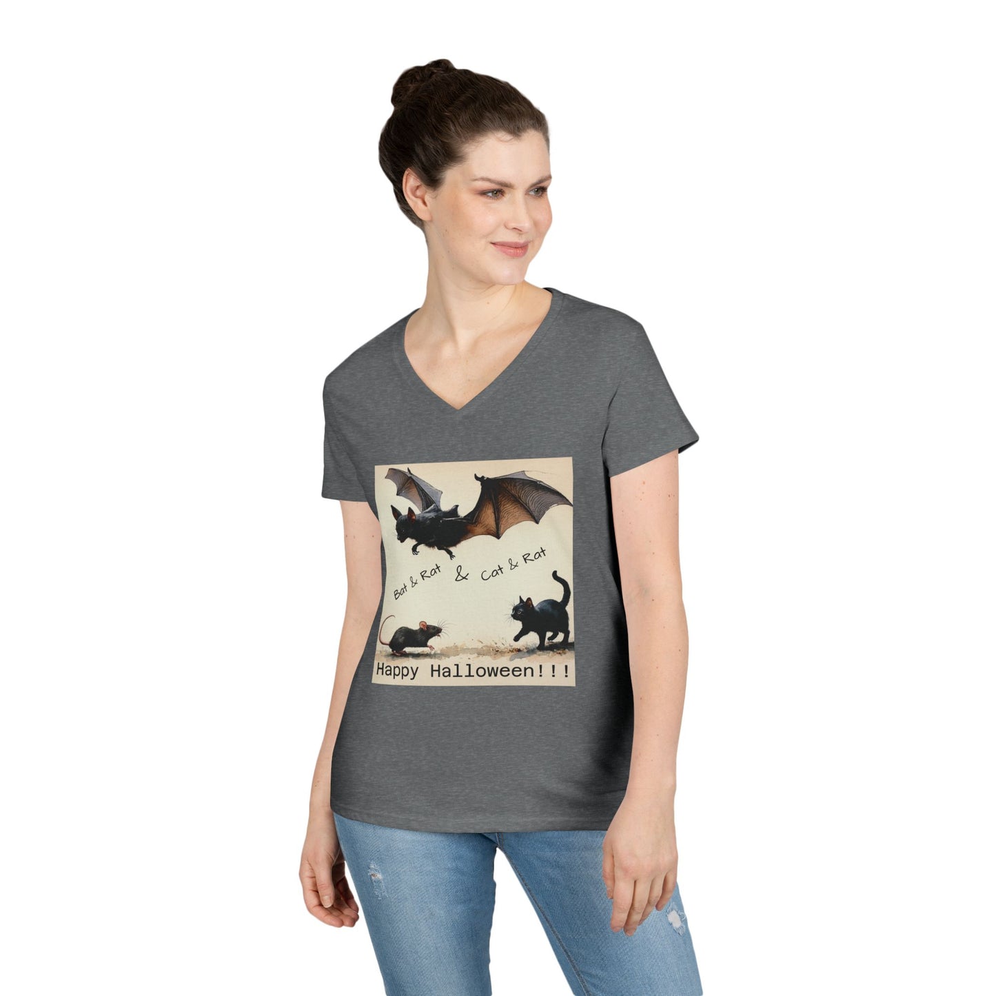 Halloween Cat & Bat V-Neck Tee, Women's Halloween Shirt, Spooky Graphic Tee, Cute Halloween Outfit, Fall Fashion Top