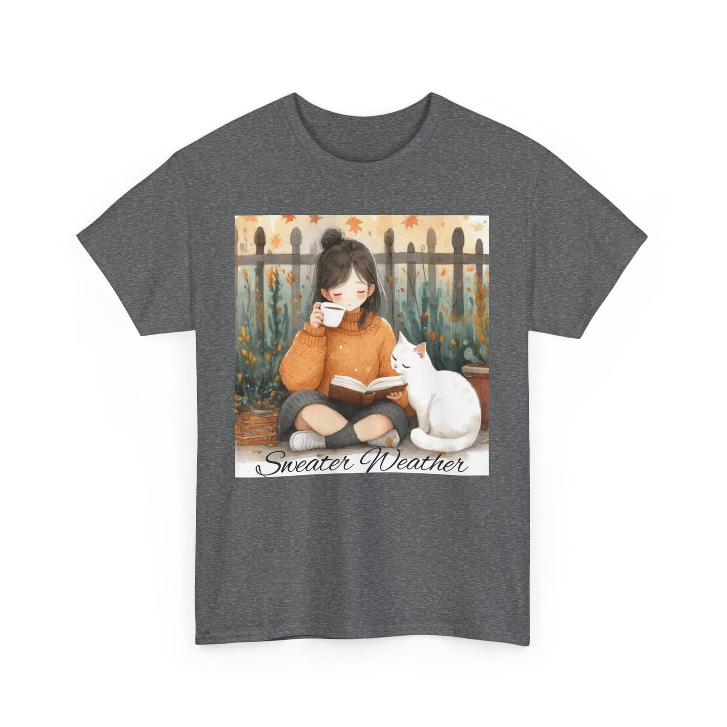 Cozy Reading Tee, Sweater Weather T-Shirt, Unisex Cotton Tee, Fall Fashion Shirt, Cat Lover Gift, Autumn Vibe Top