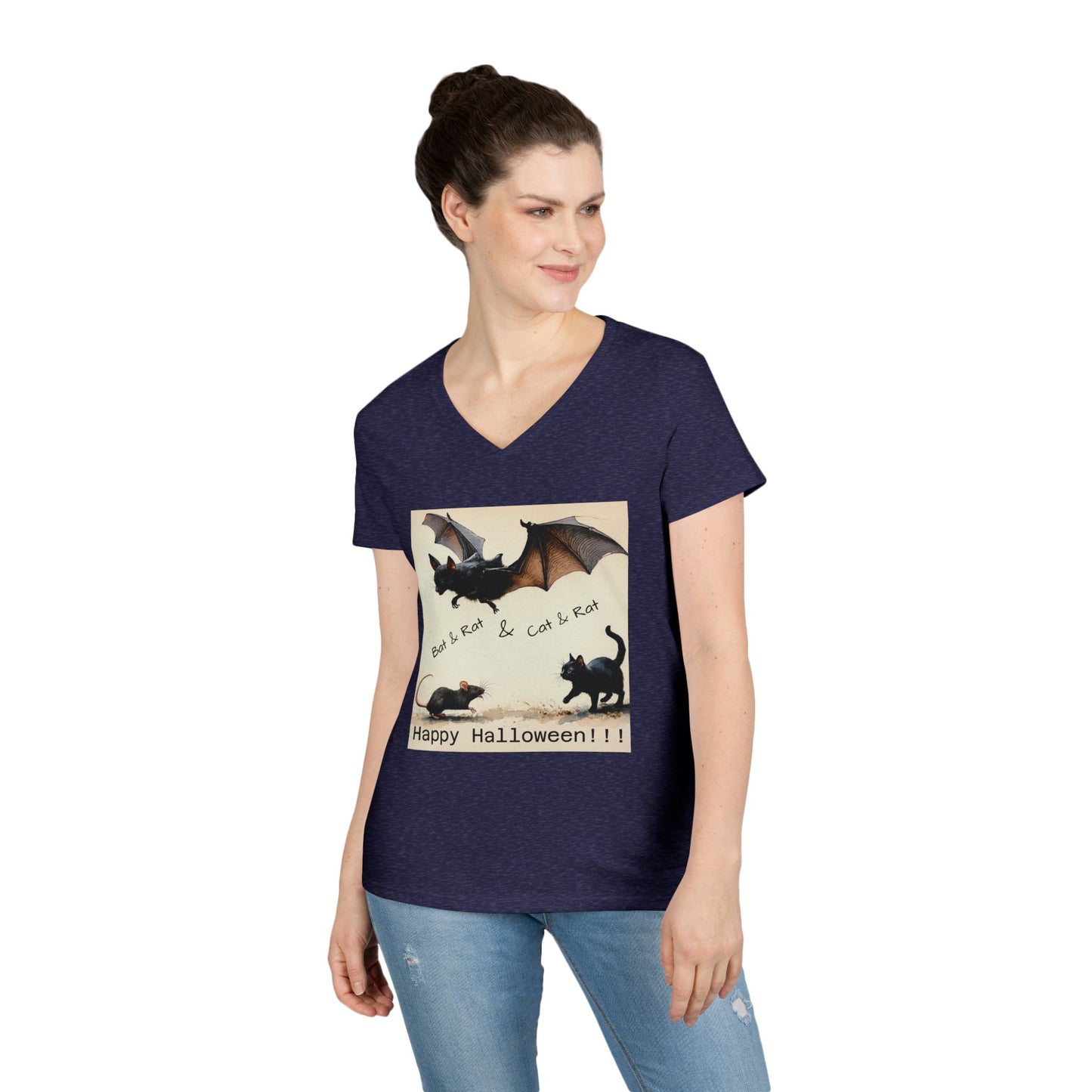 Halloween Cat & Bat V-Neck Tee, Women's Halloween Shirt, Spooky Graphic Tee, Cute Halloween Outfit, Fall Fashion Top