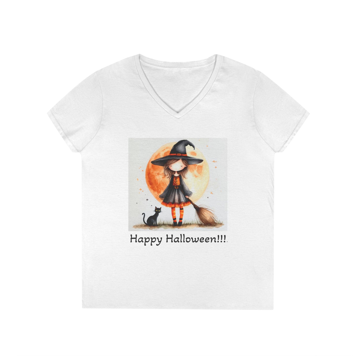 Happy Halloween Ladies' V-Neck T-Shirt | Cute Witch Graphic Tee, Halloween Costume Top, Spooky Season Apparel, Gift for Her