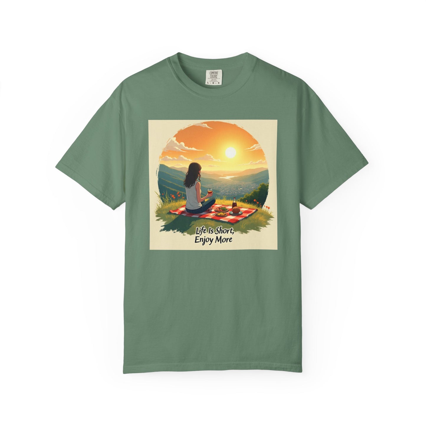 Sunset Meditation T-Shirt | Life is Short Enjoy More Tee, Unisex Cotton Shirt, Relaxation Apparel, Birthday Gift, Mindfulness Clothing