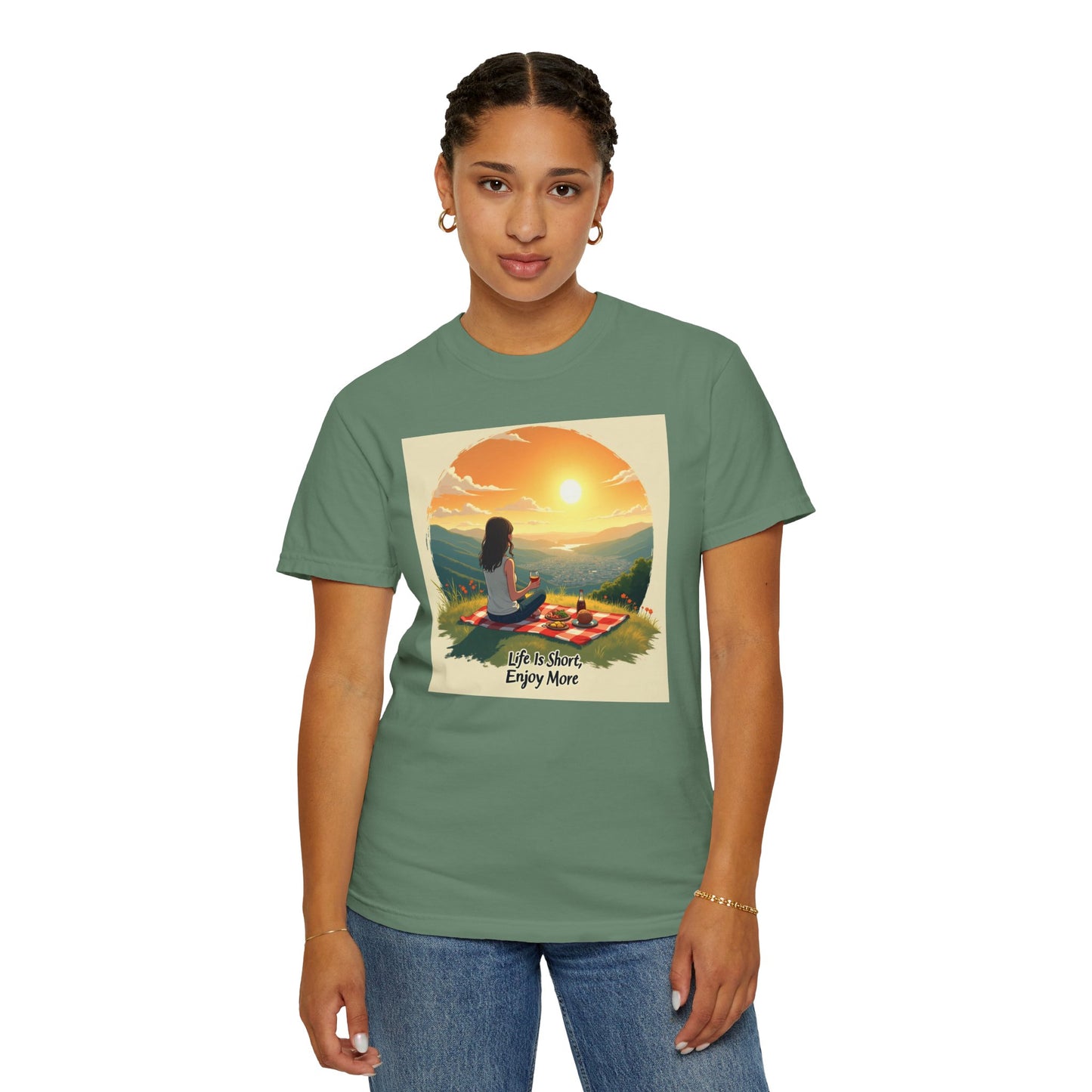 Sunset Meditation T-Shirt | Life is Short Enjoy More Tee, Unisex Cotton Shirt, Relaxation Apparel, Birthday Gift, Mindfulness Clothing