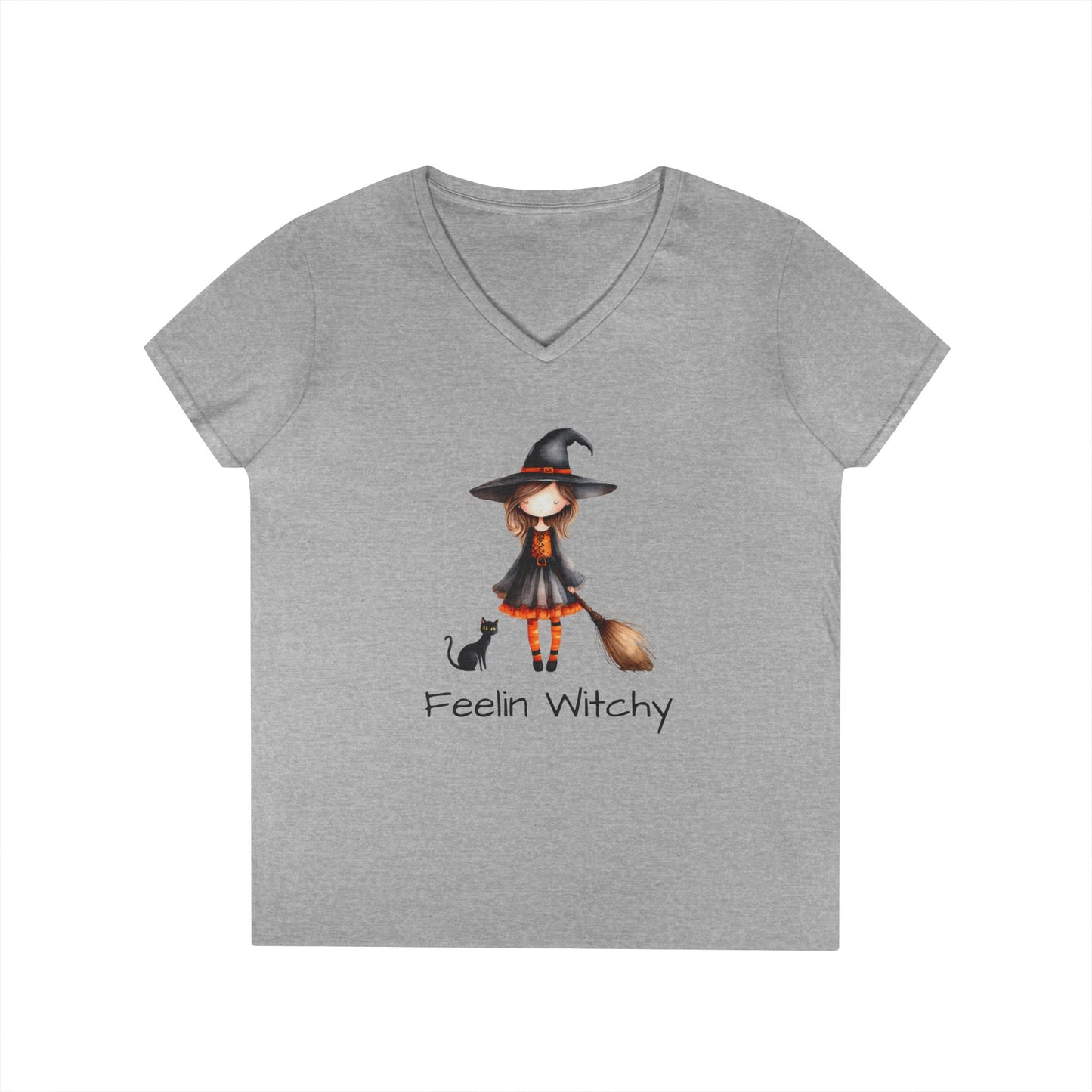 Feelin Witchy Ladies' V-Neck T-Shirt, Cute Halloween Top, Witchy Apparel, Fall Fashion, Casual Tees, Spooky Season Style