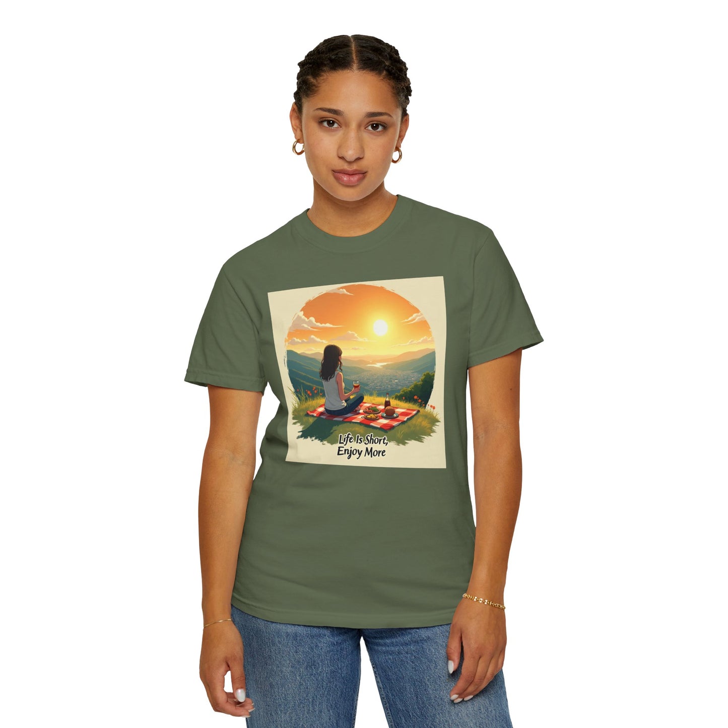 Sunset Meditation T-Shirt | Life is Short Enjoy More Tee, Unisex Cotton Shirt, Relaxation Apparel, Birthday Gift, Mindfulness Clothing