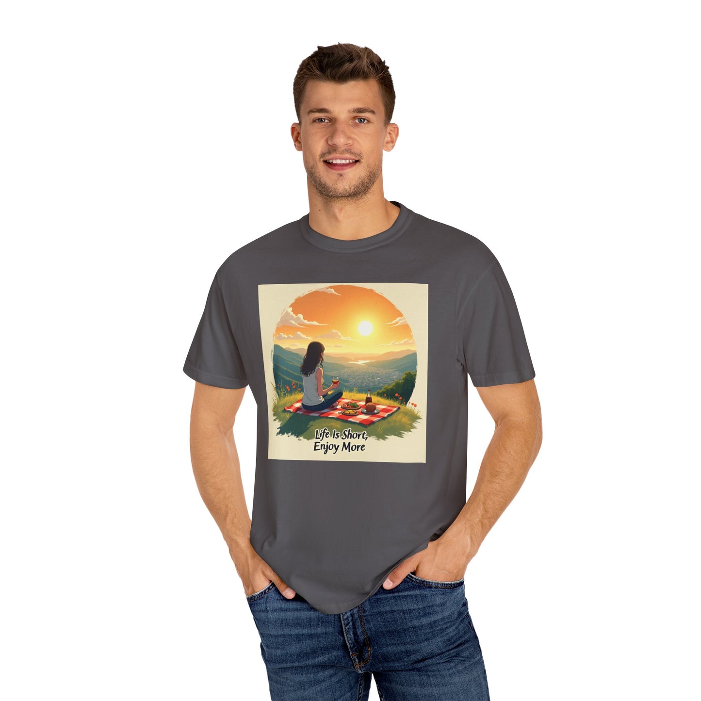 Sunset Meditation T-Shirt | Life is Short Enjoy More Tee, Unisex Cotton Shirt, Relaxation Apparel, Birthday Gift, Mindfulness Clothing