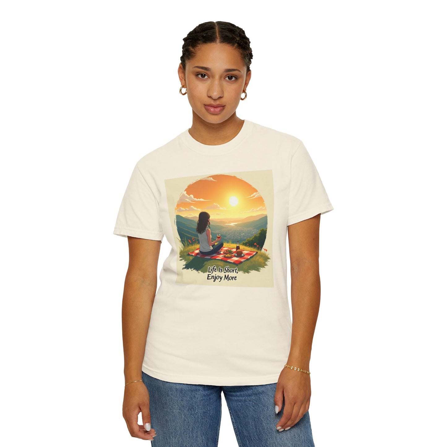 Sunset Meditation T-Shirt | Life is Short Enjoy More Tee, Unisex Cotton Shirt, Relaxation Apparel, Birthday Gift, Mindfulness Clothing